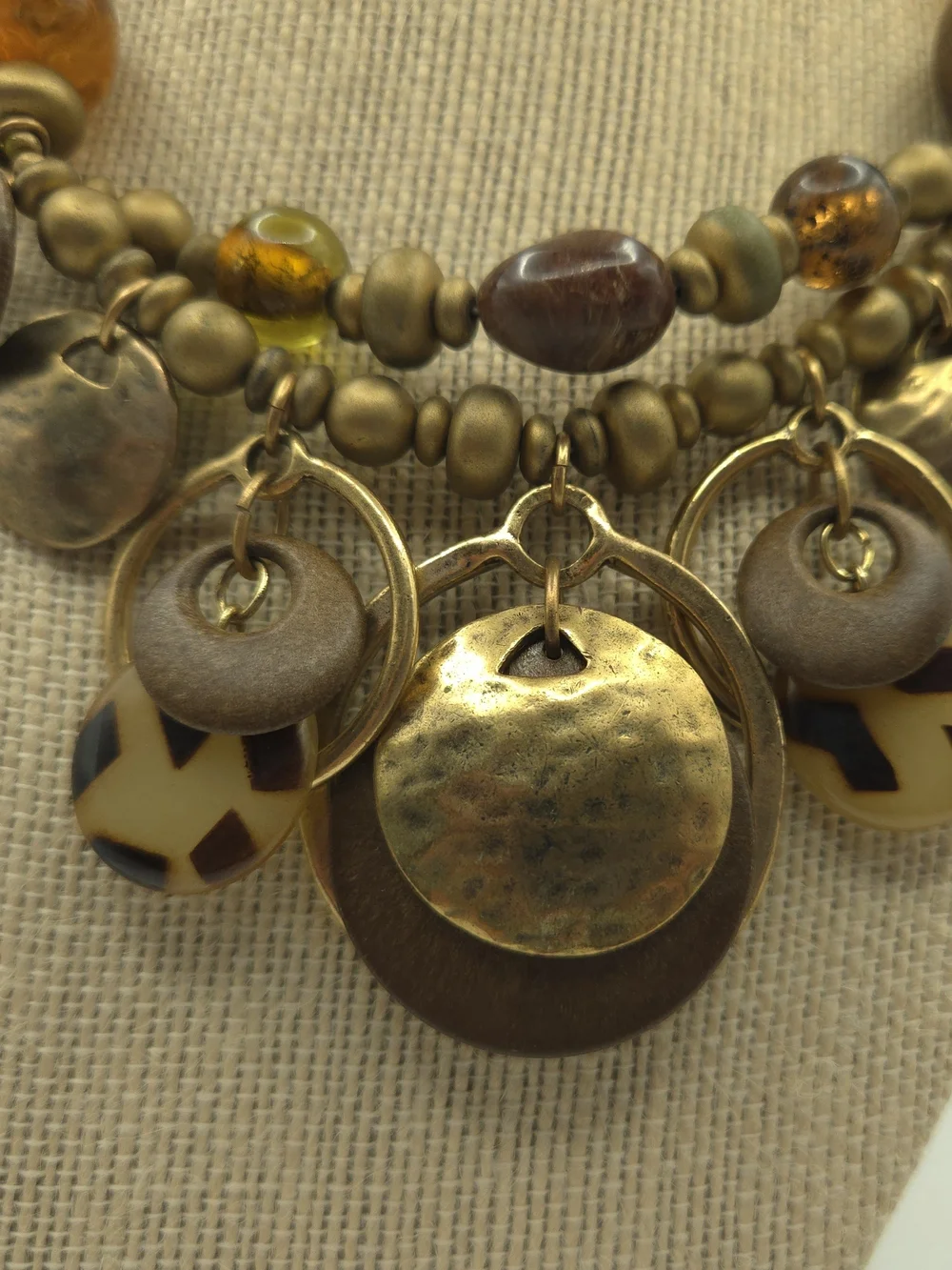 Chico's Multi-Media Bead Amber Brass Disc Brown Layered Necklace Rustic Boho Art